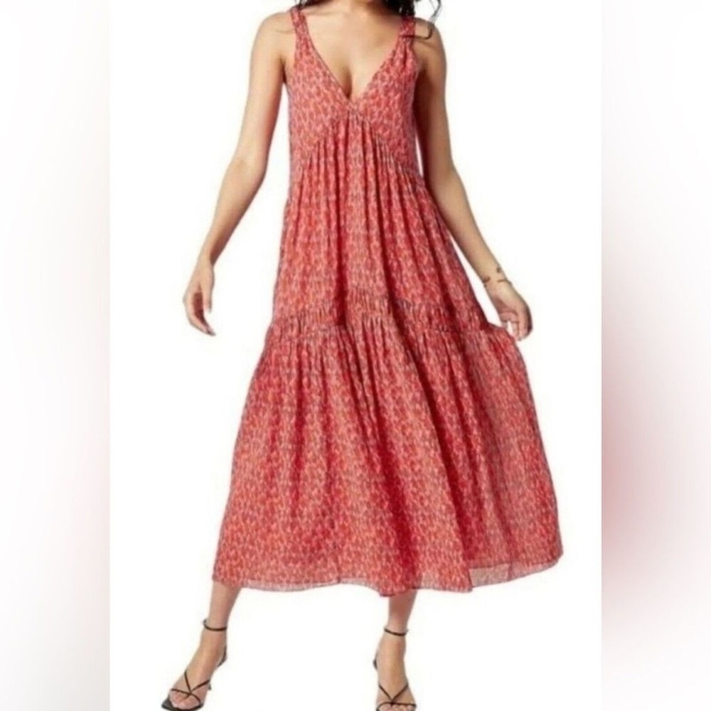 Joie Cotton Pink Red Ikat Tiered Maxi Dress Size L Tea Rose V-Neck Gathered